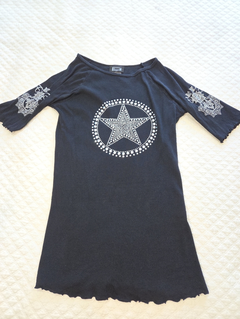 VTG Freedom USA Silver Star Studded Graphic Black Rib Knit T Shirt Short Sleeve
